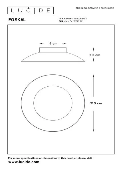 Lucide FOSKAL - Flush ceiling light - Ø 21,5 cm - LED - 1x6W 2700K - Brass - technical